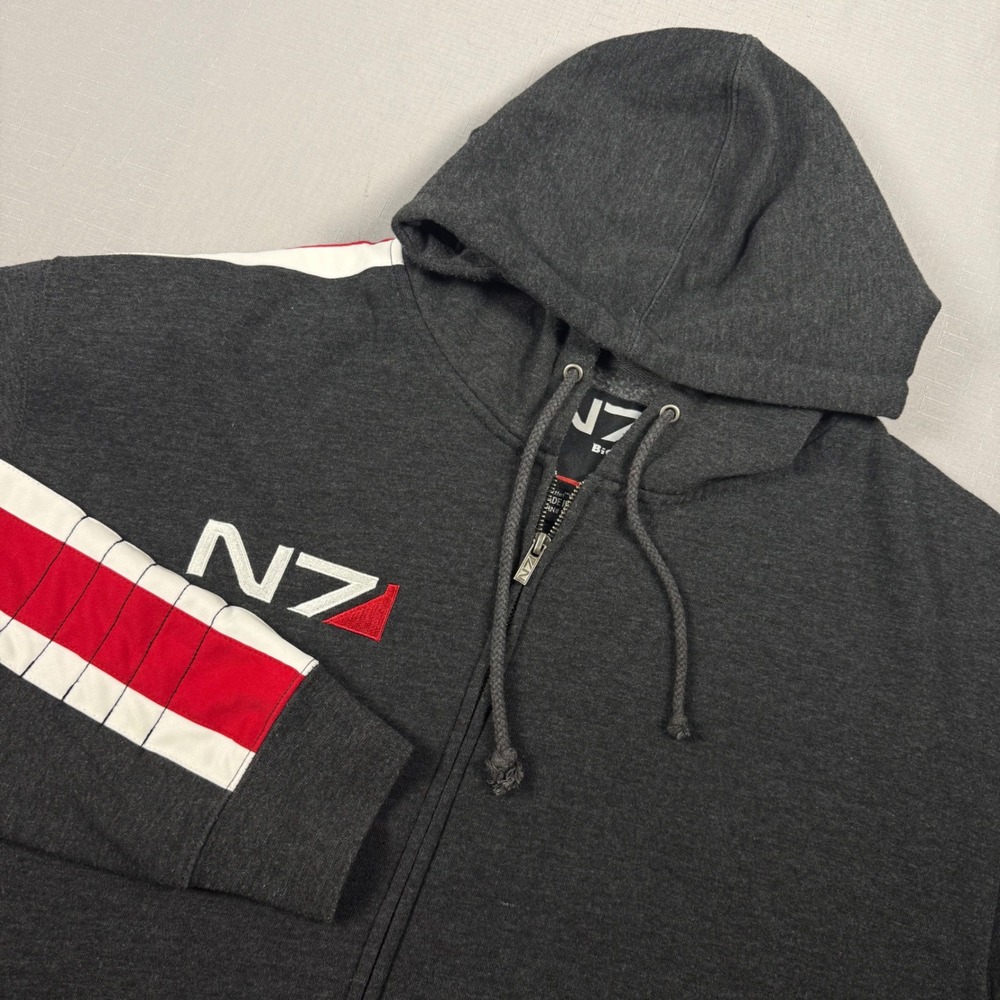 Mass Effect BioWare N7 Zip Up Hoodie Gray Red Stripe Mens L Commander Shepard